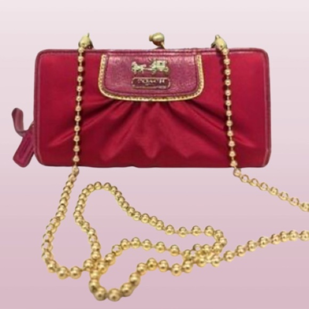 Coach Madison 3 Way Bag Pink Satin Kisslock Clutch Horse & Carriage Crossbody